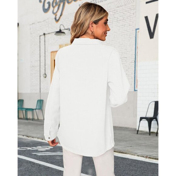 Women's Cotton Denim Jacket Oversized Button-Front Pockets Casual Fall - Picture 4 of 8